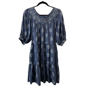 Old Navy Blue Chambray Floral Smocked Embroidered Tiered Dress Womens Size L